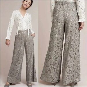 Anthropologie Feather Bone wide legged pull on gray lace pants pink/blush lining